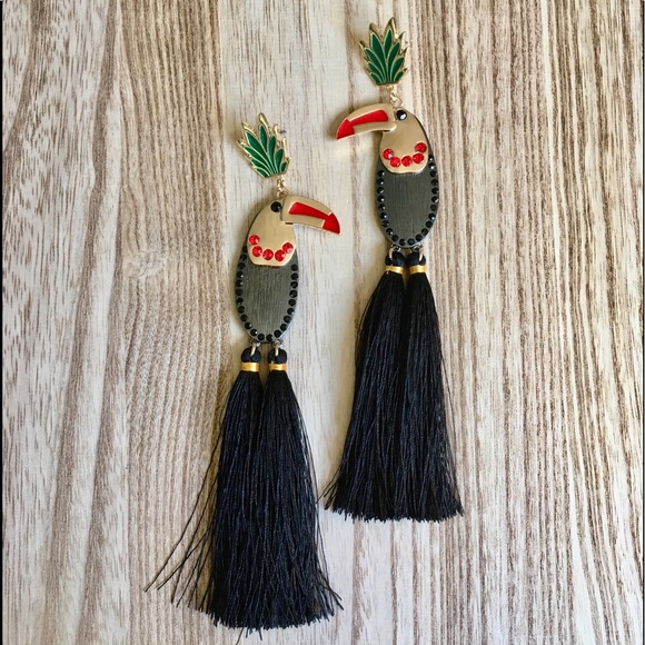 Black Parrot πΊ Tassel Statement Jeweled Earrings - Picture 2 of 8